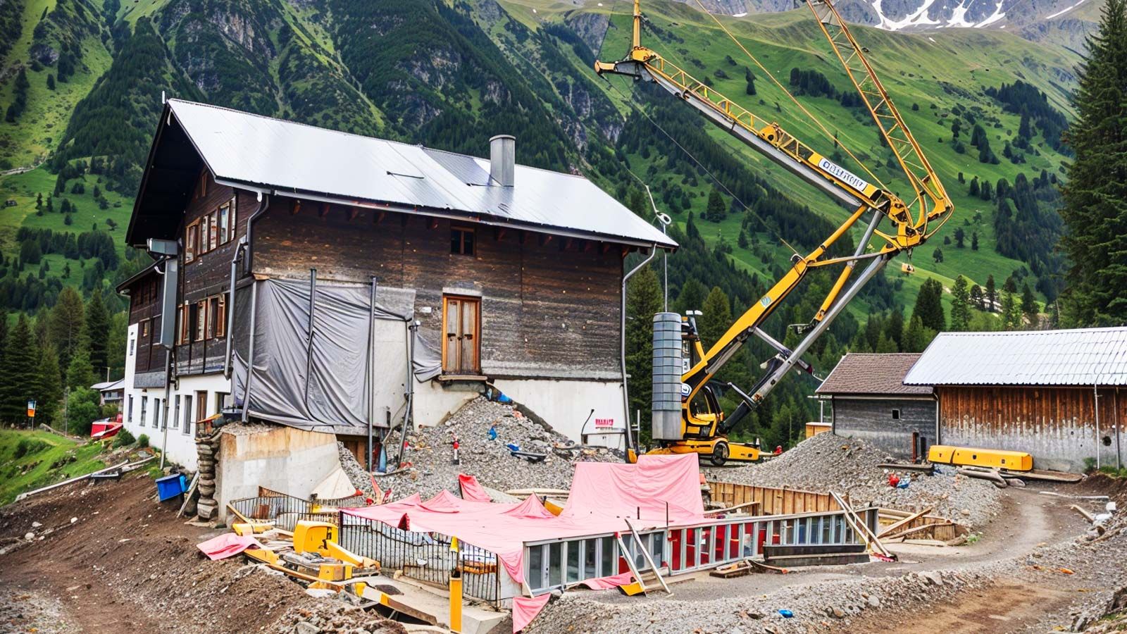 Baustelle vor dem Gepatschhaus mit Kran und abgedeckter Kelleraushebung