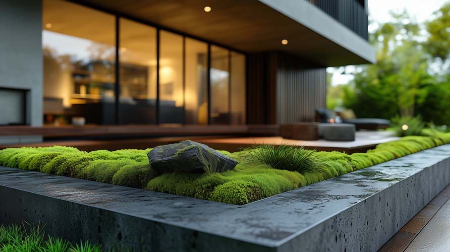 a beautiful moss pond in front of a modern home