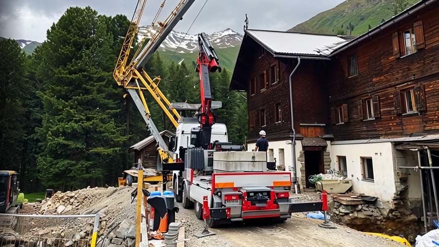 Baustelle vor dem Gepatschhaus mit Kran und Bauarbeitern