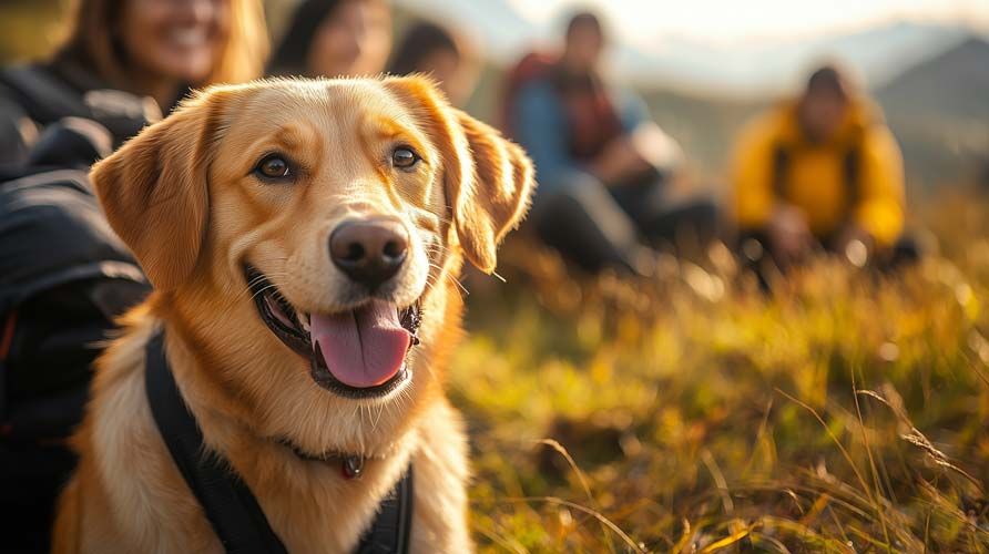 Hikers look at a cute Dog in the Alps