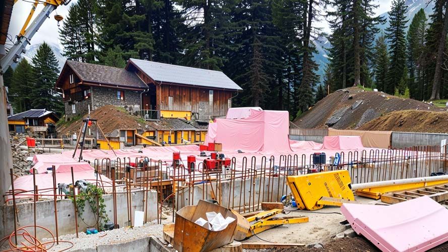 Baustelle vor dem Gepatschhaus mit Kran und abgedeckter Kelleraushebung