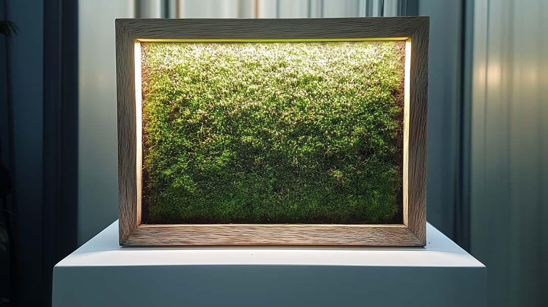 a wooden frame containing living moss and an led strip glowing with yellow light